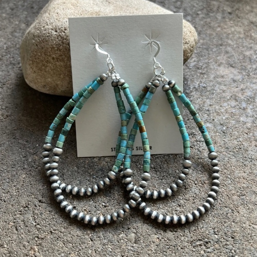 Sterling Silver Double Loop Turquoise Pearls Earr… - image 3